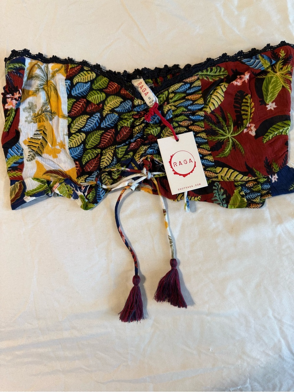 RAGA Bandeau Tube Top Boho Tropical Print Tie-Front Women’s Size S